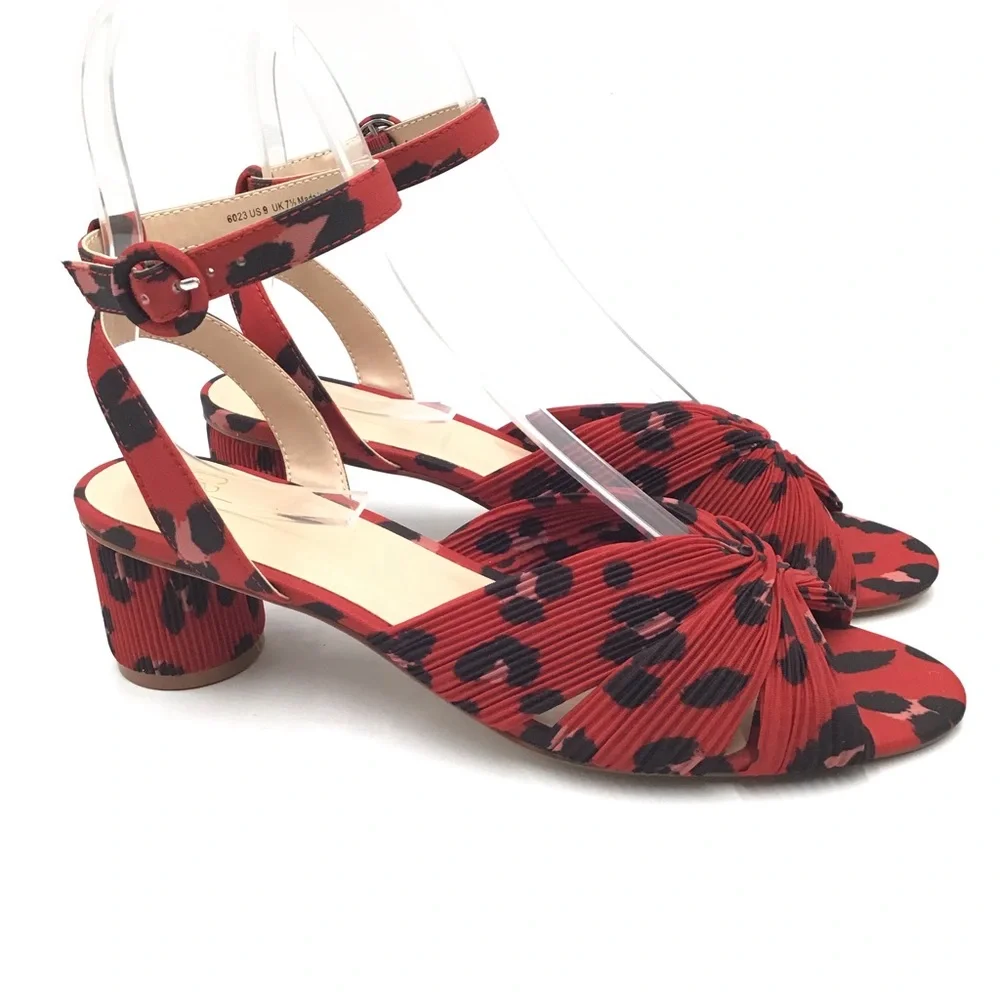 Cabi Siren animal print red black textile ankle strap sandals open toe 9 New